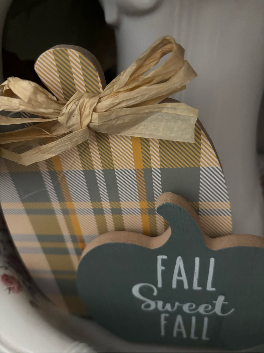 SOLD Fall Sweet Fall Wooden Pumpkin Plaque - Gray Blue & Mustard Final Sa - Picture 3 of 3